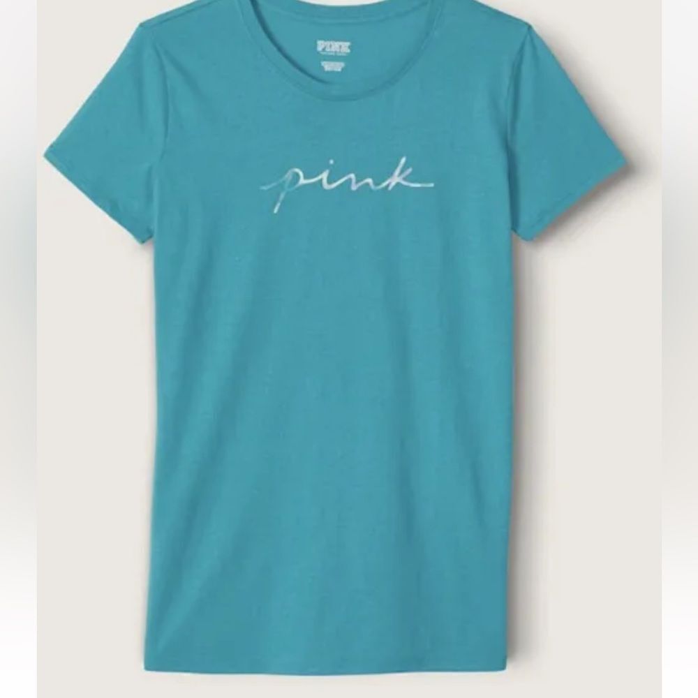 Victoria’s Secret Pink Everyday Crew Neck T-shirt Script Logo Teal Gradient Xl
